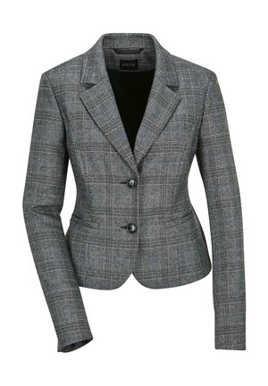 Op maat gemaakte grijze geruite blazer met een enkelvoudig ontwerp, twee zwarte knopen, scherpe revers en een getailleerde pasvorm. Zacht, gestructureerd stof.
