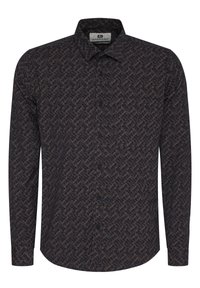 Camicia a maniche lunghe con bottoni in tessuto scuro, caratterizzata da un motivo geometrico in diverse tonalità di marrone e crema, colletto classico e patta dei bottoni.