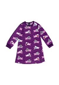 Abito lungo a maniche lunghe di colore viola, caratterizzato da grafiche giocose di animali in rosa, con accenti di grigio e bianco. Tessuto morbido con scollatura rotonda.