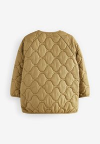 Veste matelassée marron clair avec des coutures en vague arrondies, manches longues et encolure ronde, vue de dos sur fond blanc.