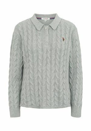 Helehall kaablikoega pika varrukaga polosärk, millel on kolm nuppu ja vasakul rinnal väike tikitud logo.