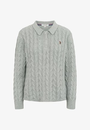 Helehall kaablikoega pika varrukaga polosärk, millel on kolm nuppu ja vasakul rinnal väike tikitud logo.