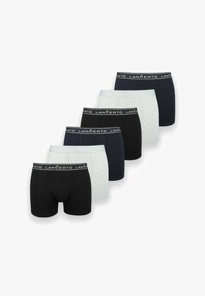 Sześć par męskich slipów w kolorze czarnym, granatowym i szarym, z miękkim elastycznym paskiem w talii, na którym nadrukowana jest nazwa marki "LANCERTO" w białym kolorze.