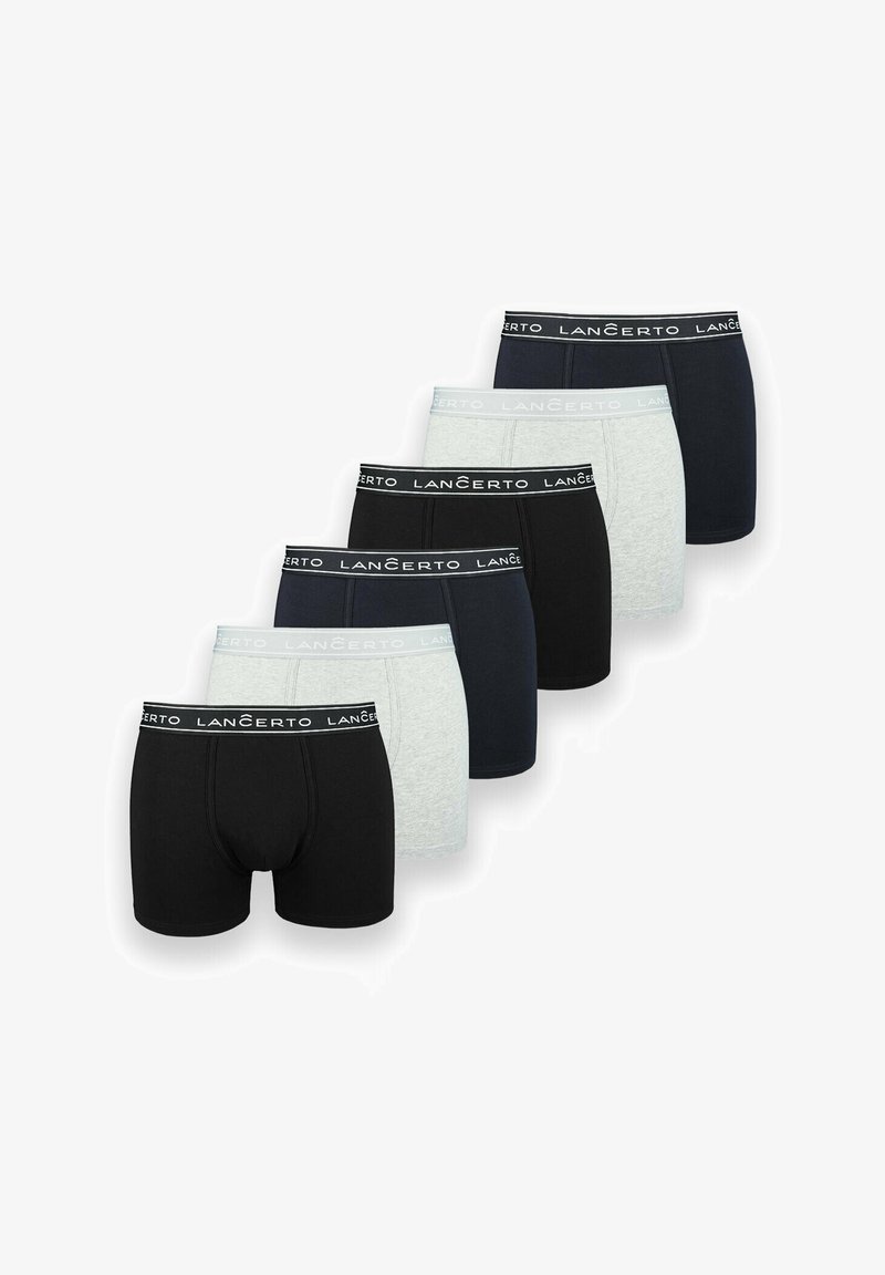 Sześć par męskich slipów w kolorze czarnym, granatowym i szarym, z miękkim elastycznym paskiem w talii, na którym nadrukowana jest nazwa marki "LANCERTO" w białym kolorze.