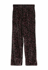 Leopardi musteriga, pehmest sametkangast mugavad püksid elastse vööga. Värv: sügav lilla mustade täppidega. Sirge sääre disain.