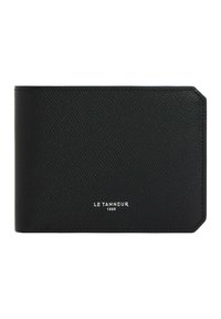 Black leather wallet with a textured surface. Features rounded corners and embossed brand logo in silver. Compact rectangular design.