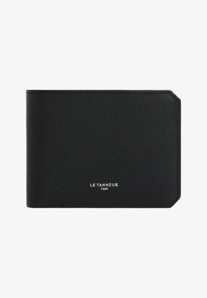 Black leather wallet with a textured surface. Features rounded corners and embossed brand logo in silver. Compact rectangular design.