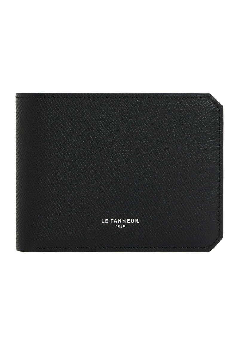 Black leather wallet with a textured surface. Features rounded corners and embossed brand logo in silver. Compact rectangular design.