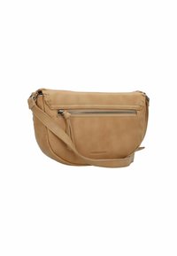 Borsa a tracolla in pelle tan con una texture liscia, forma curvata, tasca frontale con zip e accenti di tracolla intrecciati. Il logo è impresso sul lato.