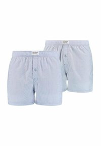 Due coppie di boxer a righe blu chiaro con vita elasticizzata, apertura con bottoni e etichette di marca sulla vita.