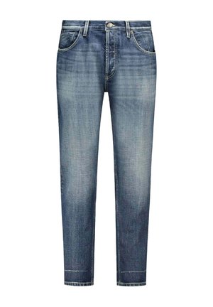 Jeans denim blu a tinta unita, slim fit, con effetto sbiadito, design a cinque tasche e chiusura con bottoni, mostrati frontalmente su sfondo bianco.