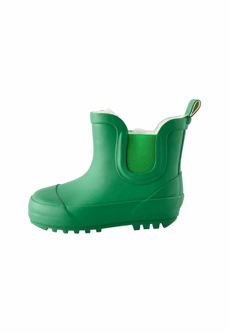 Bottines en caoutchouc vertes avec doublure en polaire, panneaux élastiques sur les côtés et une semelle en caoutchouc texturée avec des crampons prononcés pour une meilleure adhérence.
