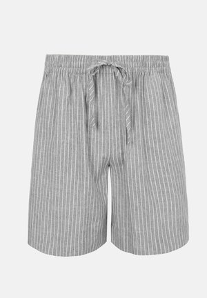 Short gris avec fines rayures blanches verticales, taille élastique et cordon ajustable à l'avant.