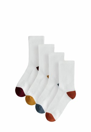 Set aus vier weißen Socken mit gerippter Textur; jede hat eine farbige Spitze: burgundrot, gelb, blau und rost. Standard Crew-Länge.