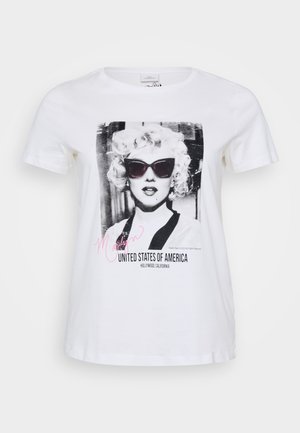 Bijela pamučna majica s crno-bijelim grafičkim prikazom žene koja nosi sunčane naočale, s natpisima "Marilyn" i "Sjedinjene Američke Države".