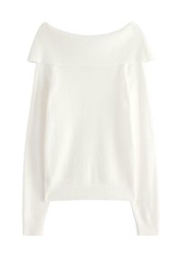 Maglione bianco con scollo ampio che lascia le spalle scoperte, con collo e polsini a costine, realizzato in un morbido tessuto lavorato a maglia, caratterizzato da una vestibilità comoda e maniche lunghe.