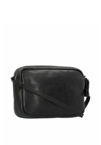 Borsa a tracolla nera in pelle con forma rettangolare, chiusura a zip e tracolla regolabile. Texture liscia con minimali dettagli in metallo.