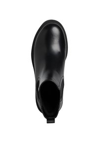 Botín negro de cuero hasta el tobillo con un acabado liso, paneles laterales elásticos y una tirador en la parte posterior. Punta redondeada y suela texturizada.