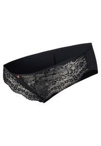 Zwarte onderbroek met een kanten rand aan de bovenkant, gemaakt van een gladde stof. De kant is versierd met bloemmotieven en golvende randen.