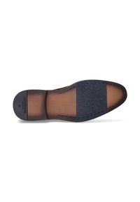 Semelle de chaussure noire avec une finition lisse et une zone texturée. Tissu gris avec des coutures bleues. Nom de la marque et taille estampillés sur le talon.