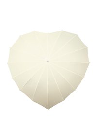 Hartvormige paraplu met een crèmekleurig stoffen dak, ondersteund door witte spaken en een centrale knop. Glad oppervlak zonder patronen.