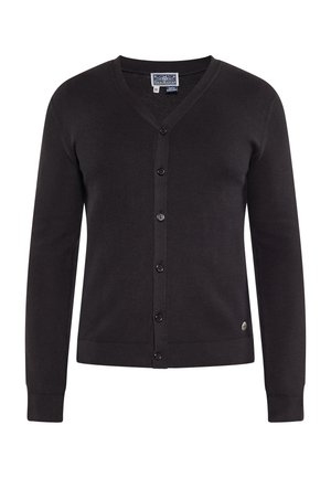 Zwarte cardigan met een V-hals, knoopsluiting, geribbelde manchetten en zoom. Gemaakt van een structuur gebreide stof. Heeft een klein logo aan de onderzijde.