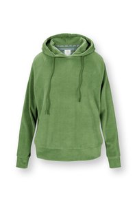 Zachte groene pullover hoodie met lange mouwen, voorzijde met trekkoorden en een gevoerde capuchon met een gestreept binnentextuur.
