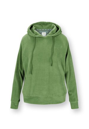 Zachte groene pullover hoodie met lange mouwen, voorzijde met trekkoorden en een gevoerde capuchon met een gestreept binnentextuur.