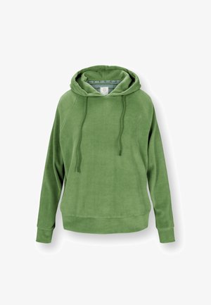 Zachte groene pullover hoodie met lange mouwen, voorzijde met trekkoorden en een gevoerde capuchon met een gestreept binnentextuur.
