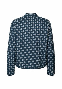 Giacca trapuntata di colore blu scuro con un motivo a diamante floreale bianco. Presenta maniche lunghe e un design classico del colletto.