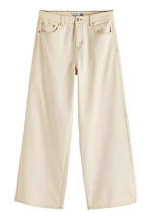 Beige wide-leg jeans with front button and zipper, five-pocket design, and belt loops.
