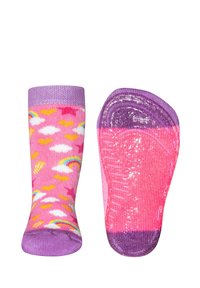 Kolorowe skarpetki dziecięce z lawendowym mankietem, zdobione wzorami chmur, tęczy, serduszek i gwiazd na różowym tle. Posiadają antypoślizgową podeszwę.