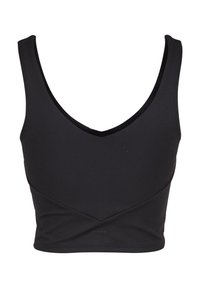 Czarny, bezrękawnikowy crop top z głębokim dekoltem w kształcie litery V. Wykonany z gładkiego materiału, z zawiniętym designem z przodu i logo na dole.