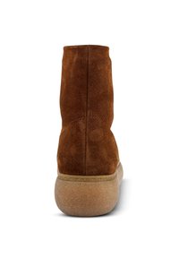 Braune Wildleder-Ankle Boots mit schmalem Design, glatter Textur und durchsichtiger Gummisohle. Schlichte Verarbeitung ohne Verzierungen.