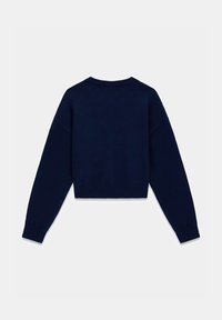 Pull court bleu marine avec manches longues, col et ourlet côtelés, en tissu tricoté lisse. Design simple et minimaliste.