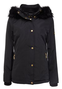 Veste noire isolante avec une capuche en fausse fourrure, dotée de boutons-pression dorés et de fermetures éclair, poignets élastiques et texture extérieure lisse.