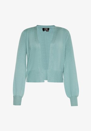 Cardigan a coste di un blu chiaro, con scollo a V e maniche lunghe, caratterizzato da un taglio cropped e sottili dettagli testurizzati.