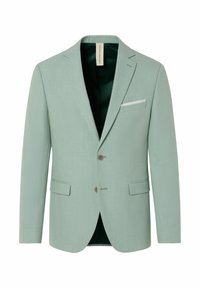 Helle grüne Blazer mit strukturierter Oberfläche, zwei Knöpfen, Reverskragen und kontrastierendem grünen Innenfutter. Inklusive einer Brusttasche mit weißem Akzent.