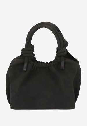 Sac à main en tissu noir avec poignées doubles rembourrées nouées et ouverture froncée en haut.