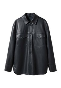 Mustat nahkapaitajakkeet, joissa on kaulus, edessä napitus, kaksi rintataskua ja hieman kaareva helma. Sileä pinta ja rento istuvuus.