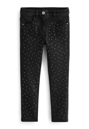 Jean noir slim fit avec des clous argentés répartis uniformément sur le devant des jambes, avec poches avant et ceinture avec fermeture par bouton.