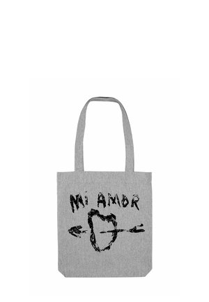Borsa tote grigia in tessuto con testo stampato nero "Mi Amor" e design a cuore e freccia. Due manici robusti per il trasporto.