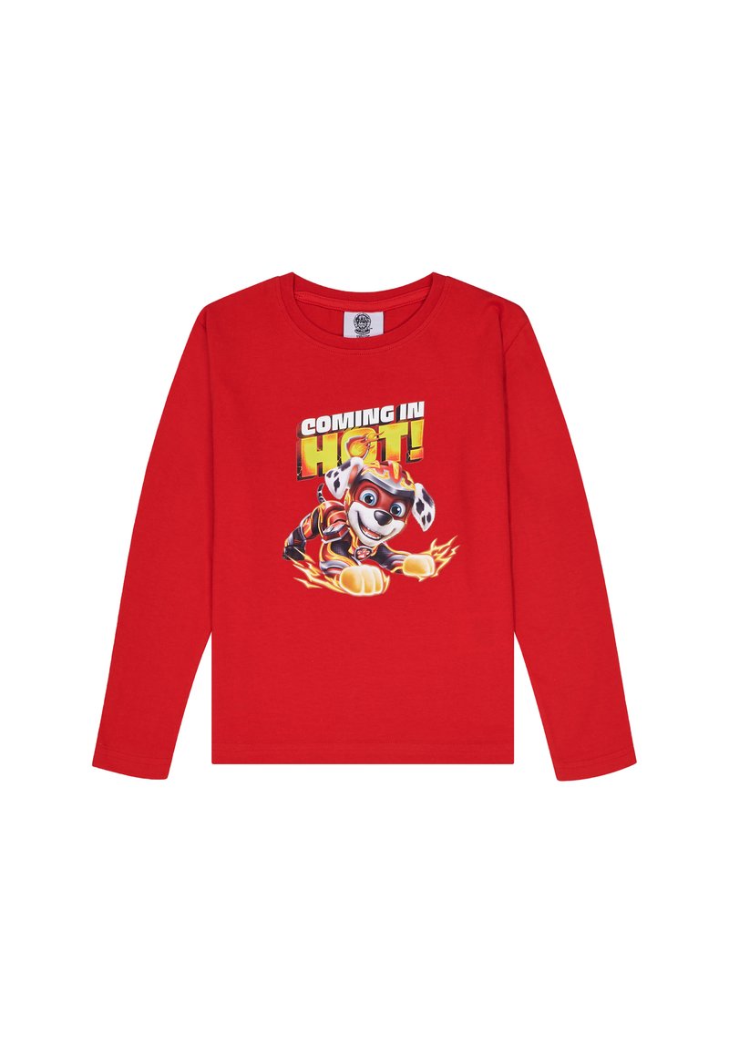 Rotes Langarm-T-Shirt aus Baumwolle mit einem grafischen Druck eines Cartoon-Hundes und dem Text "COMING IN HOT!" in auffälligen Farben.