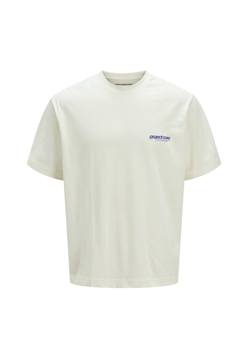 Cremefarvet bomulds-T-shirt med en afslappet pasform, rund hals, korte ærmer og et lille blåt logo på venstre bryst. Glat tekstur.