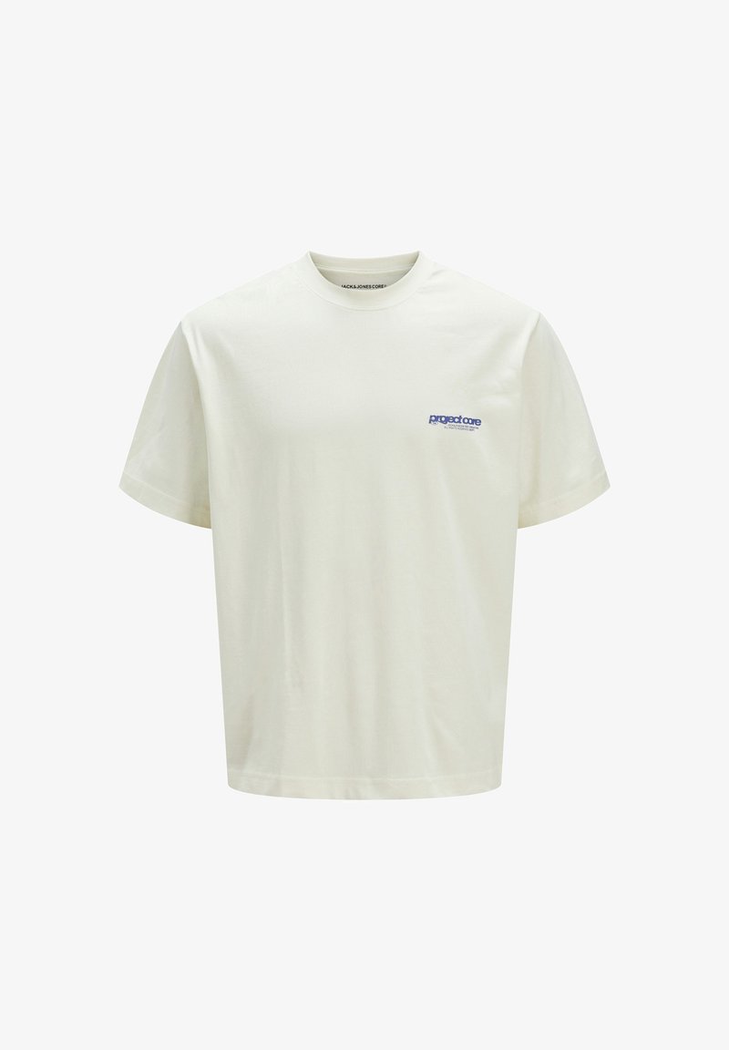 Crème katoenen T-shirt met een relaxte pasvorm, ronde hals, korte mouwen en een klein blauw logo op de linkerborst. Gladde textuur.