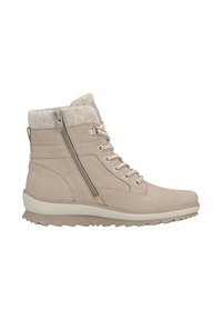 Botas de tobillo beige con un cuello suave y texturizado, cordones en la parte delantera, cremallera lateral y una suela de goma con patrones de agarre.