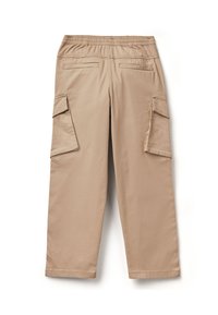 Beige cargo kalhoty s elastickým pasem, které mají dvě boční kapsy, dvě zadní kapsy a rovný střih. Hladký materiál.