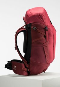 Rode wandelrugzak met meerdere banden, een gevoerde achterkant en een groot hoofdcompartiment. Voorzien van een bovenklep en een zijvak voor opslag.