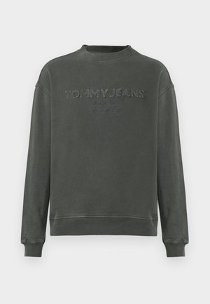 Pulover gri, din bumbac, cu guler rotund, mansete ribburate și logo-ul brodat "TOMMY JEANS" într-un stil vintage.