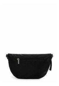 Borsa a tracolla nera in nylon con forma arrotondata, dotata di una tasca frontale con zip e un design elegante. Texture liscia e dettagli hardware minimalisti.